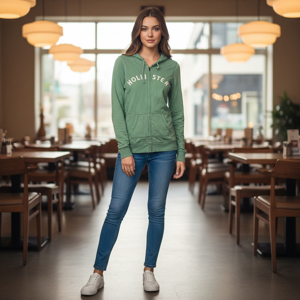 Women's Hollister Green Full-Zip Hoodie M with White Logo